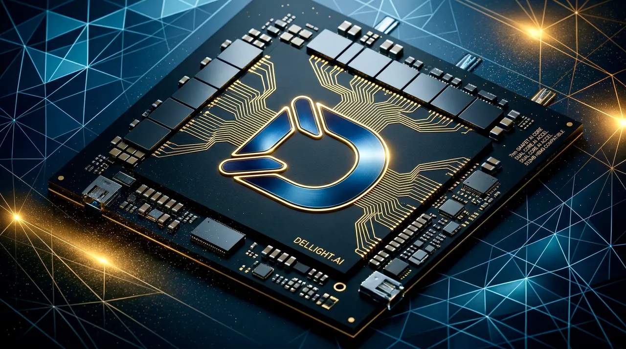 DELLIGHT compute — a gold-traced AI accelerator chip carrying the D mark over a teal circuit field